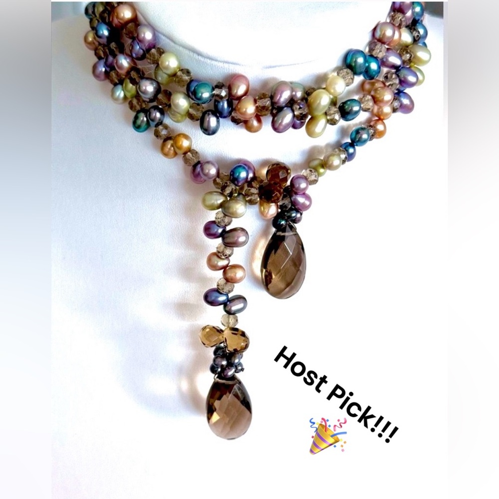 🎉175 pearls with citrine and smoky topaz necklace 🌸🐬 with matching earrings